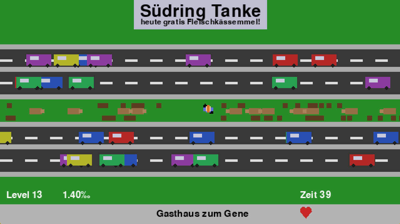 Screenshot aus Southring Game: pixelige Autobahn, Verkehr, Spielfigur auf dem Mittelstreifen und Anzeige mit Level und Zeit